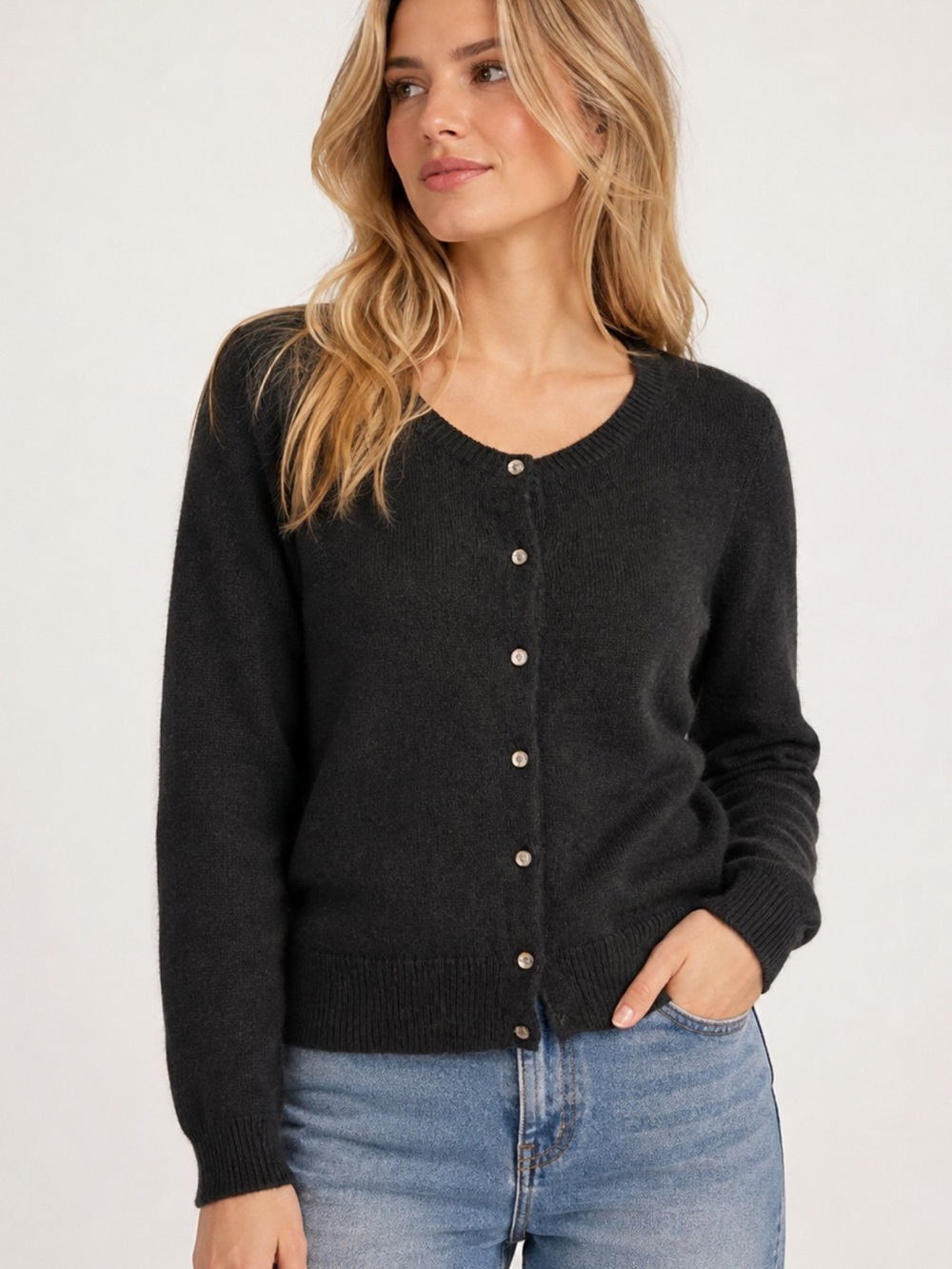 APT. 9 Black Angora Blend Cardigan Sweater XL Button Front Rhinestone Buttons